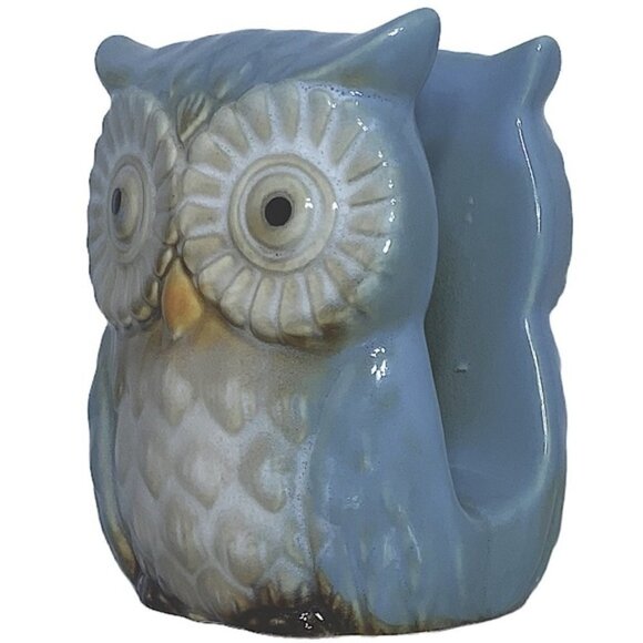 Owl Napkin Holder Ceramic Artisan Hand Painted Functional Counter Art Blue Tan - Picture 5 of 11